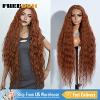 Wig Sintetis Rebecca Lace Front untuk Wanita, Wig Keriting Panjang 42 inci, Wig Deep Part, Wig Transparan Hitam Ginger untuk Cosplay, Pengiriman Lokal AS