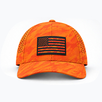 Casquettes de baseball 6 panneaux en gros, personnalisables, camouflage orange, patch drapeau en caoutchouc, perforées au laser, respirantes, performance sportive