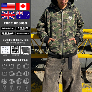 Sudadera con capucha y cremallera de camuflaje corta, de felpa francesa 100% algodón de alta calidad, con estampado DTG completo y logotipo personalizado - Product Image 2