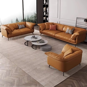 Sofá de Cuero Italiano Moderno de Lujo Ligero, Sofá de 3 Plazas <span class=keywords><strong>Relleno</strong></span> de Plumón con Cuero de Primera Capa para Sala de Estar Nórdica - Product Image 1