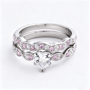Anillos de Compromiso y Matrimonio de Plata de Ley S925 con Circonita Cúbica Rosa y Transparente en Corte Corazón Brillante para Parejas - Product Image 2