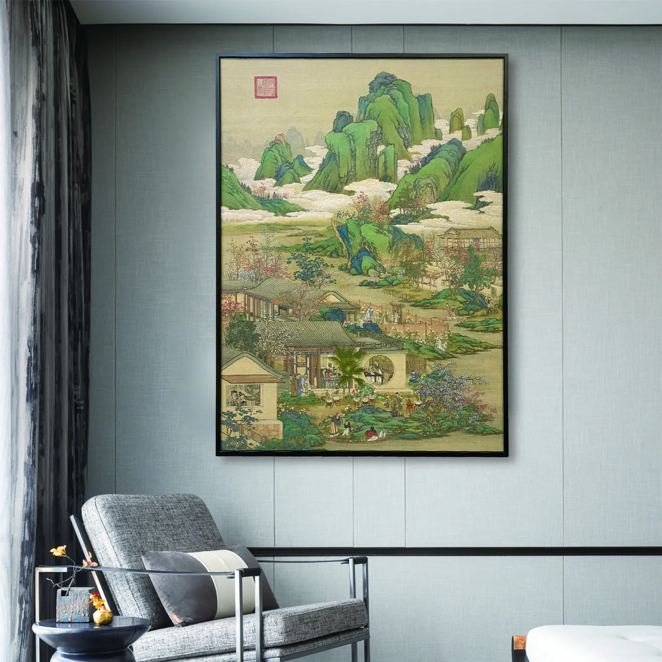 لوحة بانوراما للمناظر الطبيعية الجبلية والأنهار رسم بإطار وإطار مطبوع رسم تراثي صيني لتزيين المنزل