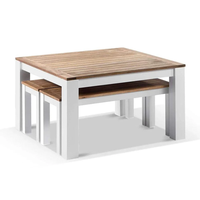 Ensemble de salle à manger rond d'extérieur en aluminium thermolaqué imitation chêne, 6 places, avec chaises et tables à coussins résistants aux taches