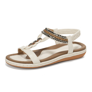 Elegant Black T-Strap Flat Sandals Open Toe Summer Women <b>Shoes</b> Genuine Leather Upper Rhinestone Decoration Buckle Closure - Product Image 5
