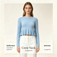Pull-over décontracté à manches longues en maille fine bleue de haute qualité Evelyn Undefined Custom, avec volants, OEM & ODM, collection automne