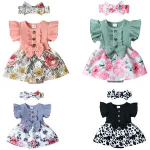 Baby Floral Print Ribbed Ruffle Short-sleeve Faux-two Romper Dress Set Baby Girl Suit 2 PCS