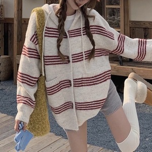 Cárdigan de punto con capucha a rayas, blanco, azul, gris, rojo, grosor estándar, fibra acrílica, suéter para mujer, top oversize, holgado, informal - Product Image 2