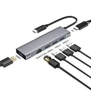 T1902 멀티 포트 유형 C 허브 RJ45 HDMI 4K2k USB3.0 PD 도킹 스테이션 Macbook 전화 노트북