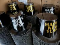 Chapeau de fête en papier métallisé Happy New Year, noir, or, argent, imprimé pailleté, accessoire de compte à rebours du Nouvel An, accessoire de photomaton
