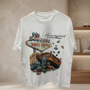 T-shirt en coton blanc à manches courtes et col rond pour homme avec imprimé Mixed Emotion Florida Casino, design streetwear décontracté - Product Image 3