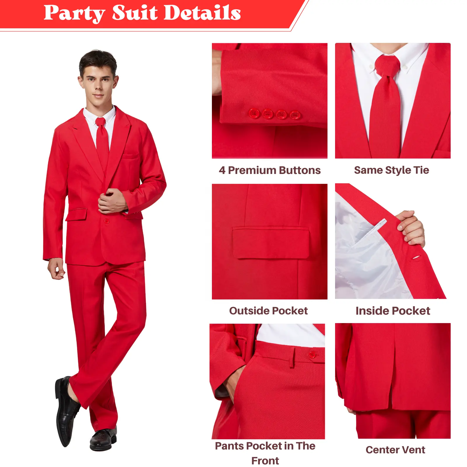 Setelan bisnis poliester merah pria, 2 potong jaket dan celana setelan pernikahan untuk pesta Halloween Dewasa
