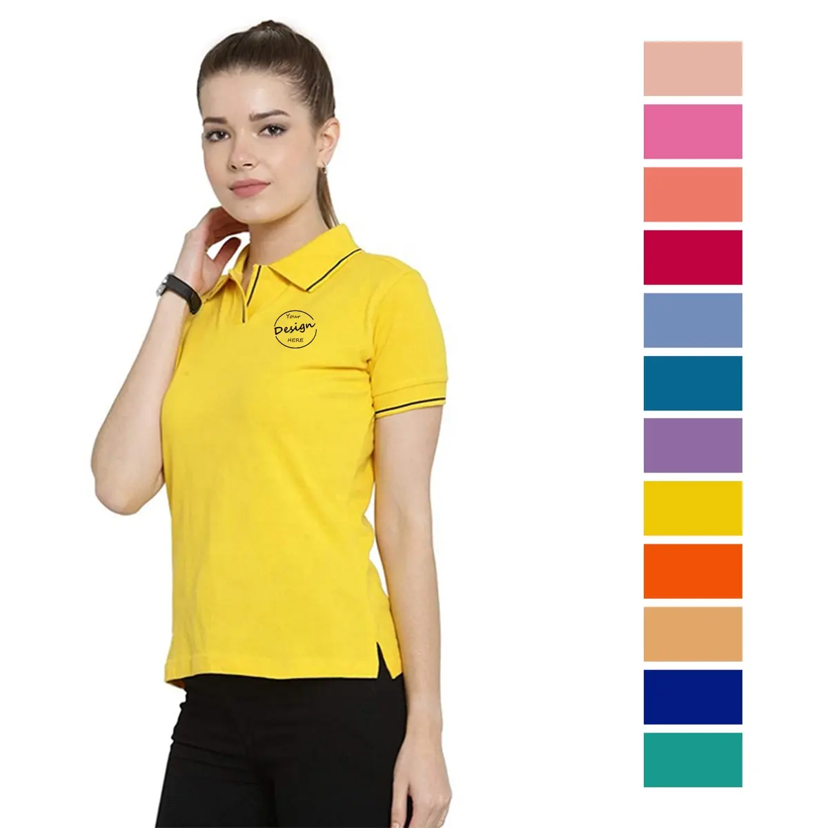 Wholesale Women Stripped Design Solid Color High Quality Polo Shirt Top Quality Custom Embroidery Logo Polo Shirts For Ladies