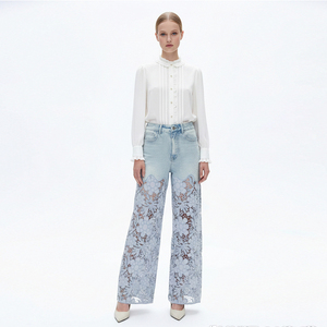 Jeans <span class=keywords><strong>da</strong></span> <span class=keywords><strong>donna</strong></span> traspiranti a gamba larga con ricami in pizzo, lavaggio enzimatico, a vita alta, a zampa d'elefante - Product Image 1