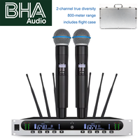 Système de microphone sans fil BHA X26 à 2 canaux True Diversity avec flight case en aluminium et support de montage sur rack pour scène, karaoké et conférence