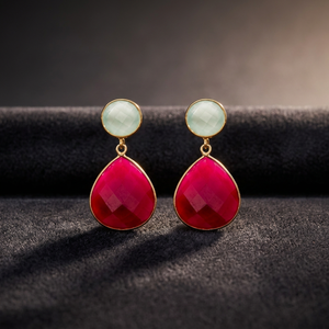 Nouveauté - Boucles d'oreilles pendantes tendance en argent sterling 925 plaqué or avec pierres précieuses en calcédoine fuchsia et aqua, forme poire et ronde - Product Image 2
