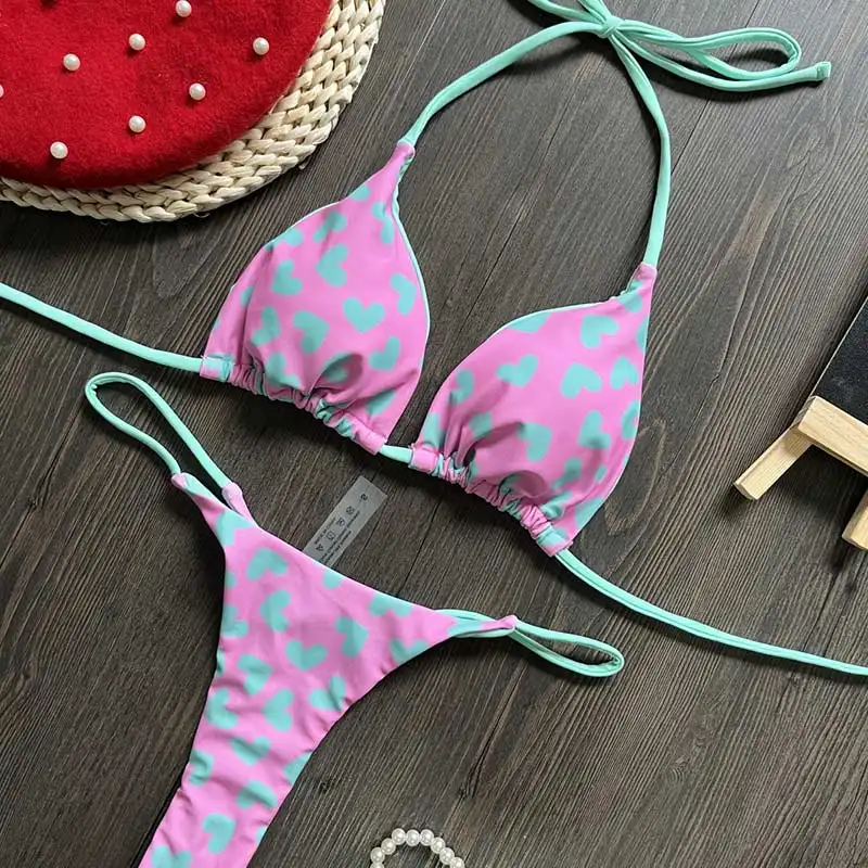 2024 New Two Piece Thong Bikini Love Print Swimsuit Sexy Love Print Sexy Backless Two-Piece Thong Bikini Set For Women