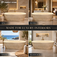 Baignoire ovale autoportante en travertin beige de luxe PerfectStone, tailles personnalisées, pierre naturelle, pour hôtel, villa, salle de bain