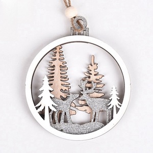 <b>Wooden</b> Round Christmas Ornaments Laser Cut Reindeer Snowman Hanging Decorations <b>Rustic</b> Style For Christmas Tree - Product Image 4