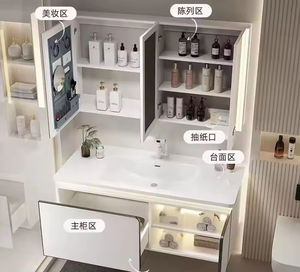 Premium White Lacquer Smart <b>Bathroom</b> Vanity Unit with LED Light MDF <b>Cabinet</b> Ceramic Basin Smart Mirror for Hospital Use - Product Image 2