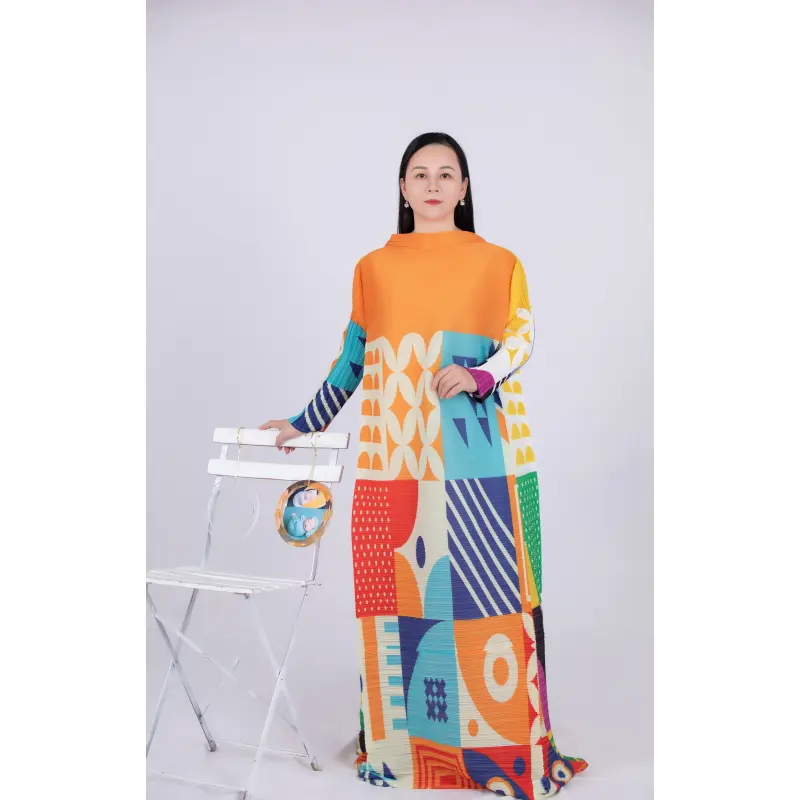 Tianbao Miyake fold Clothing factory direct sales wholesale 2022 autumn new geometric print large size dress