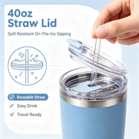 Gobelet isotherme de 40 oz avec couvercle à paille pour voiture, bureau, boissons froides