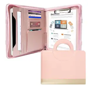 Custom hot-sale A4 pink pu folder multi funktion executive zippered leather document folder padfolio for women