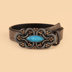 <b>Vintage</b> Turquoise Printed Wide Genuine PU Leather Women's <b>Belt</b> Alloy Buckle Custom Length Sexy Western Ethnic Designer Pakistan - Product Image 2