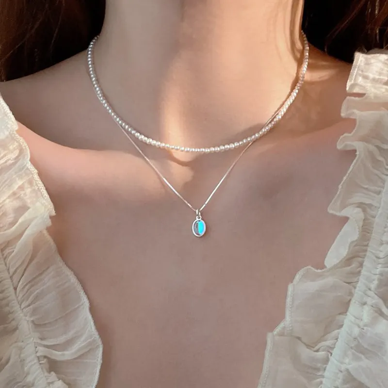 Collar de amor de piedra lunar Artificial de diseño geométrico, joyería de moda de Plata de Ley 925 para niñas, collar ovalado de amor de piedra lunar