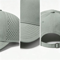 Casquette ajustable non structurée à 5 panneaux, séchage rapide, 100 % polyester, perforations laser, trous de ventilation ronds en forme de goutte d'eau, vente en gros