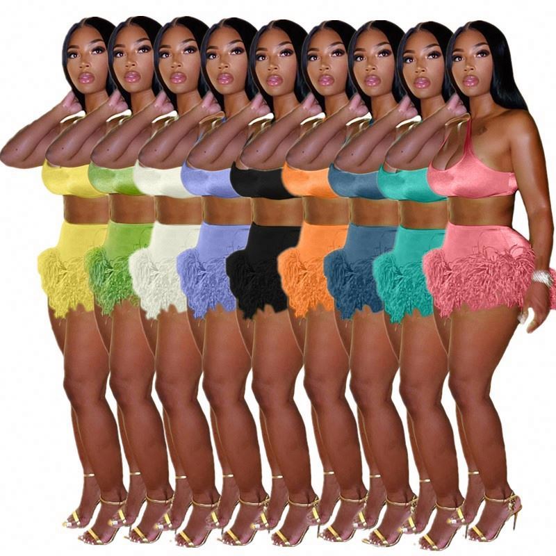 Hot Selling Summer Club Women's Two Piece Set Short Asymmetrical Tops and Feather Shorts Solid Pattern Sexy Nightclub Suit