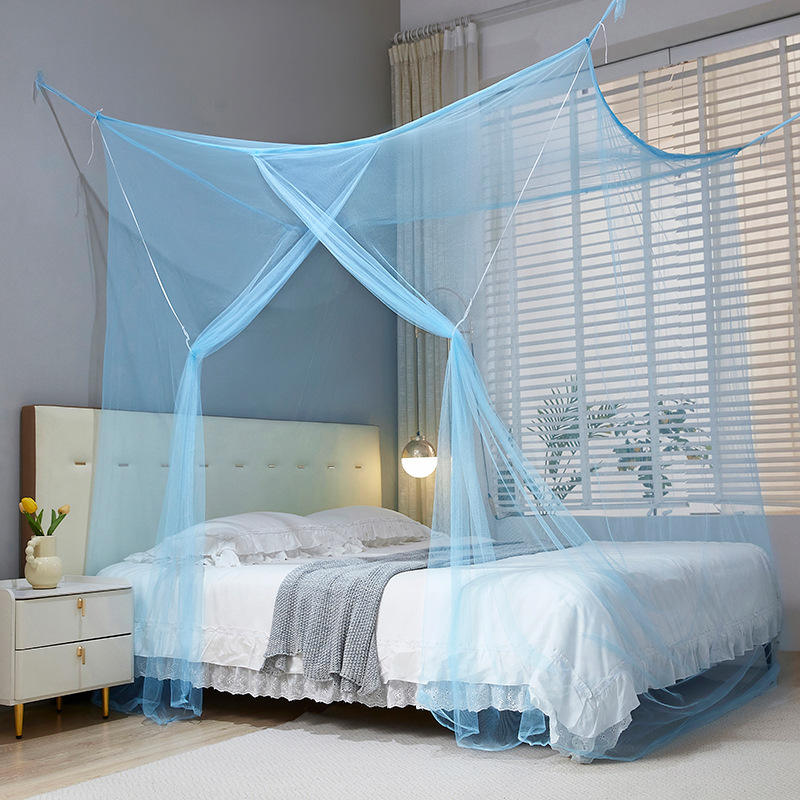 Old-fashioned blue mosquito net with encrypted mosquito net hooks