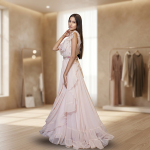 Elegant Pink Chiffon Straight Evening Gown Scoop Neck Asymmetric Ruffles Floor-Length <b>Natural</b> Sequined Embroidery Beading - Product Image 3