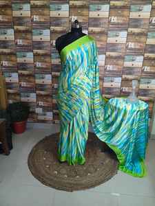 Élégant Sari multicolore à motifs abstraits Adultes Filles Style indien pakistanais Bordure verte Traditionnel Soie Coton Mariages - Product Image 2