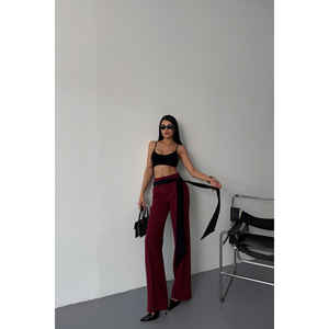 Pantalones Anchos Casuales de Cintura Alta para Mujer, Talla XL, con Raya Lateral Transpirable y Detalle de Cinturón, Color Borgoña - Product Image 6