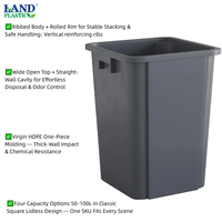 Poubelle carrée à ouverture supérieure en HDPE à parois épaisses, anti-odeurs, 50L-100L, 80L sans couvercle, pour la maison, le bureau, l'usage commercial et la salle de bain