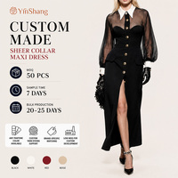 Robe longue ajustée semi-transparente élégante pour femme, avec col contrastant, manches longues en maille transparente, boutons dorés sur le devant, poche et fente haute