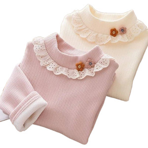 Maglietta invernale in stile Casual da 2025 ragazza graziosa maglietta con collo alto foderato in pile spessa Base Top per bambini a strisce - Product Image 1