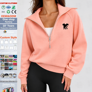 Sudadera con capucha de forro polar grueso bordado de color liso OEM personalizado para mujer, mezcla de algodón, con media cremallera - Product Image 1