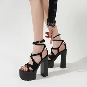 2023 New Arrivals Roman Retro Style Platform Sandals Shoes Woman Super High Heels Black Narrow Band Zipper Design Comfy Lady