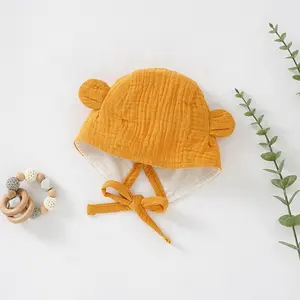 Cute Hat with Bear Ears, Double Layer Baby Muslin Sun Hat, Infant Bonnet Hat