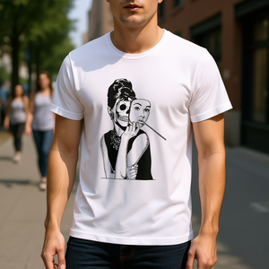 T-shirt con grafica Lady Skull bianca unisex per adulti, taglia media, girocollo, manica corta, abbigliamento promozionale - Product Image 3