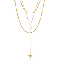 Collier à trois rangs en acier inoxydable plaqué or 18 carats avec perles d'eau douce pour femmes, bijoux à chaîne en Y superposée, J&D Jewelry