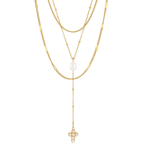 Collier à trois rangs en acier inoxydable plaqué or 18 carats avec perles d'eau douce pour femmes, bijoux à chaîne en Y superposée, J&D Jewelry - Product Image 1
