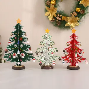 Funny Desktop Wooden Christmas Tree Decor Christmas Toy Set with 24 Mini Ornaments Wooden Base DIY Mini Pine Tree for Christmas