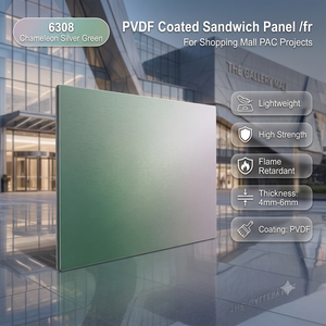 Panneau sandwich PVDF 6308 Chameleon Silver Green 4mm-6mm léger, haute résistance, ignifuge pour projets de centres commerciaux - Product Image 1