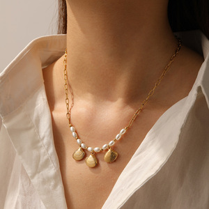 Collier pendentif en acier inoxydable style marin, étanche, inaltérable, plaqué or PVD 18 carats, avec perle, pour femme - Product Image 2