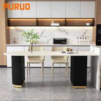 Table à manger en céramique blanche minimaliste avec plateau en pierre frittée, pieds en bois massif et double pieds en acier inoxydable, 6 places, vente en gros d'usine