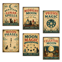 Plaque Métallique Murale Vintage avec Phases Lunaires, Chat Noir Magique et Citation Céleste, Style Rétro Sorcière Bohème, Décoration Murale Artistique pour la Maison