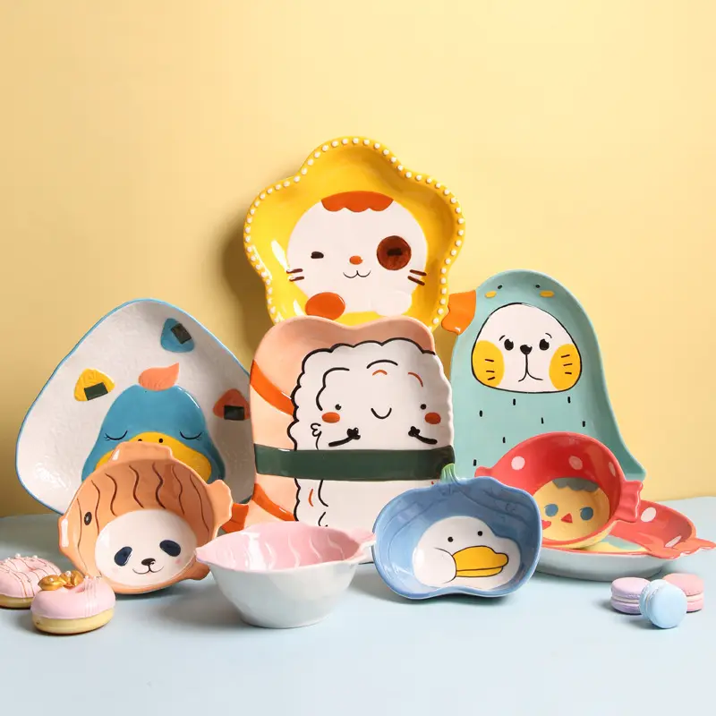 Cute Cartoon Animals Shaped Ceramic Children's Bowls And Plates Tableware Kid Dinner Bowl And Plate Set