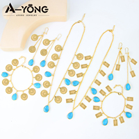 Parures de bijoux colorées en gros, ensemble de bijoux en or 18 carats avec pièce de monnaie carrée en forme de rose, design Dubaï, vintage, pièce de monnaie turquoise, ensemble de 3 pièces pour mariage